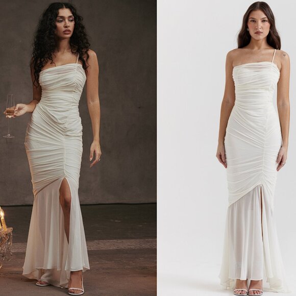 HOUSE OF CB 'Pearla' Ivory Ruched Maxi Dress NWOT - Picture 1 of 9